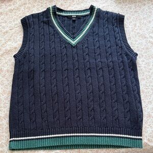 Men's Navy Cable-Knit V-Neck Sweater Vest with Green Trim